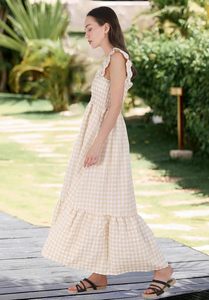 Robe rétro à carreaux pour femmes 100% coton en mousseline de soie Spaghetti sangle volant naturel longueur au sol Style décontracté pour l'été - Product Image 3