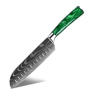 7英寸超锋利高碳不锈钢菜刀金属圣托库厨师切刀，带绿色树脂手柄