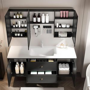 Vente en gros de meubles-lavabos noirs de style français avec miroir rétroéclairé par LED et poignées rondes dorées pour la maison et l'hôtel - Product Image 3