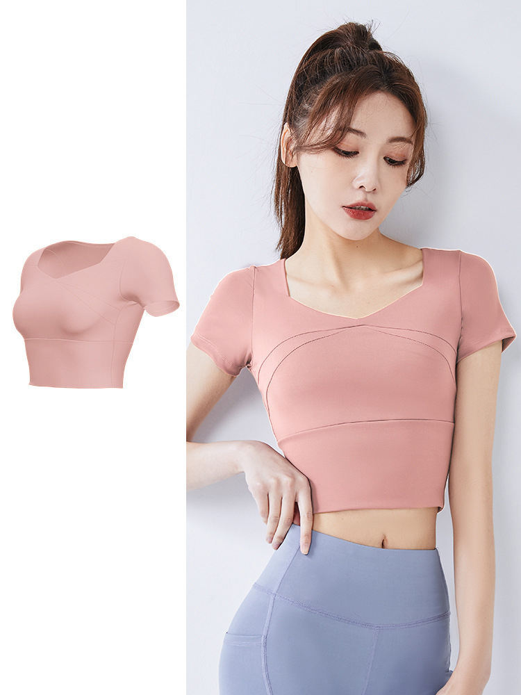 Square Neck Short Sleeve Crop Top Seamless Breathable Spandex Polyester Yoga Top High Waist Solid Color