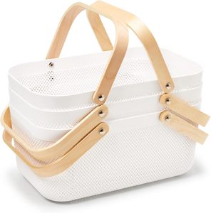 Panier de rangement rectangulaire en fil métallique avec poignée en bois, en fer et acier, pour fruits et légumes, usage quotidien, couleur et logo personnalisables - Product Image 1