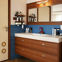 Ensembles de meubles-lavabos de salle de bain modernes en bois de noyer avec vasque intégrée et miroir encadré, fabrication OEM ODM sur mesure