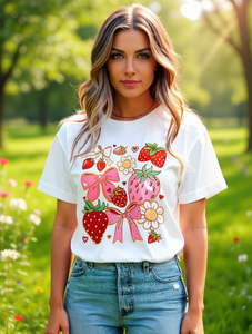 Glissea Women's Summer T-Shirt Round Neck <b>Pink</b> <b>Bow</b> Strawberry Print 100% Cotton Cute Style Regular Fit - Product Image 2