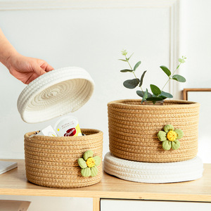 Woven Storage Box With Lid Round Handmade Cosmetic <b>Basket</b> For Desk And Home Use - Product Image 3