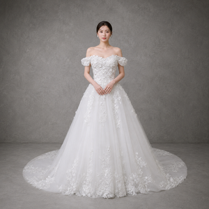 Abito <span class=keywords><strong>da</strong></span> sposa a trapezio con spalle scoperte, maniche a cappuccio, pizzo floreale 3D con perline, in tulle, <span class=keywords><strong>taglie</strong></span> forti, personalizzabile, all'ingrosso direttamente dalla fabbrica - Product Image 1