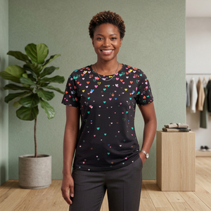 T-shirt à manches courtes noir pour femme avec imprimé cœurs colorés, col rond, décontracté, en coton tricoté, coupe classique, toutes saisons - Product Image 3