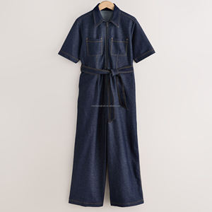 Combinaison en jean personnalisée pour femme avec col chemise, fermeture éclair frontale, ceinture et <span class=keywords><strong>pantalon</strong></span> <span class=keywords><strong>large</strong></span> - Product Image 4