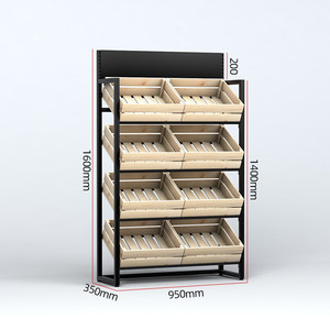 Étagère de présentation robuste à 4 niveaux en fer et bois avec 8 paniers pour fruits et légumes de supermarché, rayonnage commercial pour produits <span class=keywords><strong>frais</strong></span> - Product Image 1