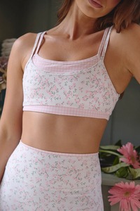 Women Double <b>Layered</b> Plaid Floral Print Spaghetti Strap Scoop Neck Sports Bra Medium Support Soft Silhouette Breathable Yoga <b>Top</b> - Product Image 1