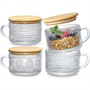 Set di 4 Tazze da Caffè <span class=keywords><strong>Vintage</strong></span> per Donne - Contenitori per Overnight Oats con Coperchi in Bambù e Cucchiai, Tazze in Vetro Trasparente da 14oz, Design Carino - Product Image 1
