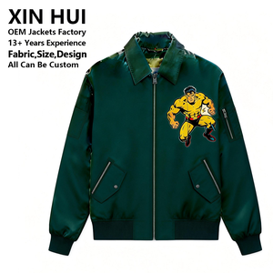 Blouson Bomber d'Hiver Personnalisé en Satin Vert Foncé Style Vintage avec Fermeture Éclair, Patch Graphique de Bande Dessinée, Blouson de Pilote Rétro Streetwear pour Homme, Service OEM - Product Image 1