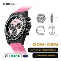 Montre mécanique ronde de luxe Day-tona pour hommes-boîtier en fibre de carbone, cristal saphir avec aiguilles luminescentes, bracelet en toile rose
