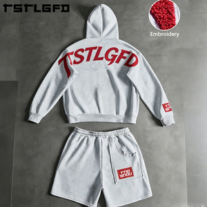 Cut and <b>Sew</b> Embroidered Hoodie Shorts <b>Set</b> Heavyweight Chenille Embroidery Oversized Streetwear Two Piece <b>Set</b> Bulk - Product Image 1