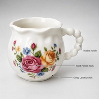 Tasse à café en céramique vintage à motif floral de roses, avec poignée perlée et bord ondulé, tasse à thé en porcelaine, tasse décorative pour la maison et la cuisine