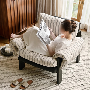 Fauteuil rayé en tissu de style français, structure en bois massif, housse amovible, chaise de salon - Product Image 3