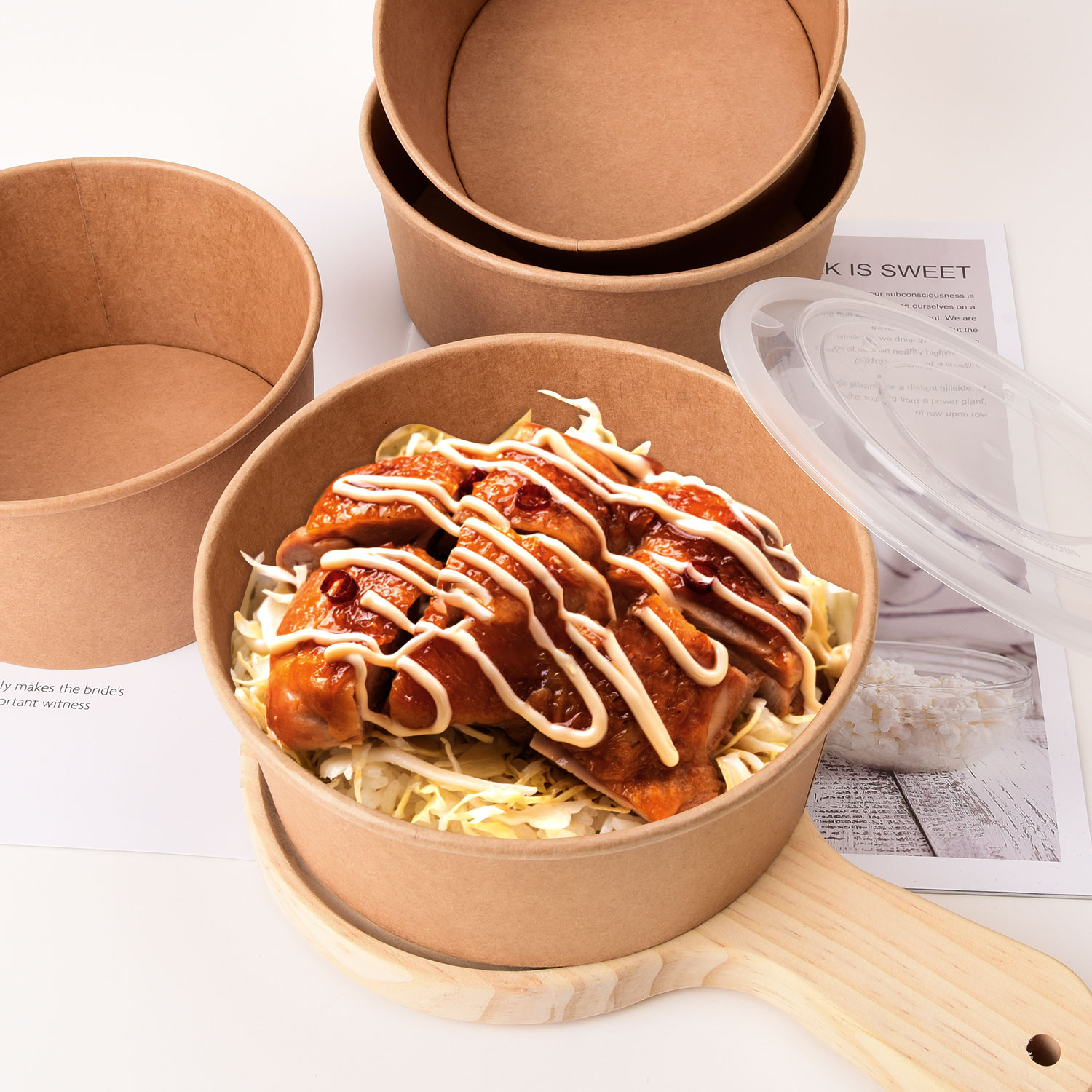 Round Kraft Paper Bowl 350ml 500ml 550ml 750ml 1100ml 1500ml Salad Paper Plates Bowl Packaging Disposable Take Salad Bowl