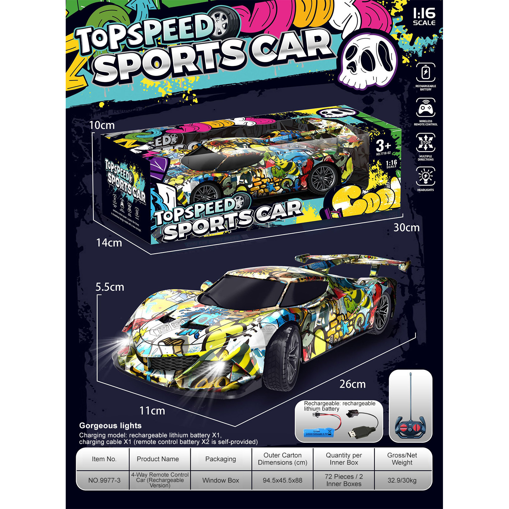 9977-3 Graffiti Remote Control Car - Rechargeable - Window Box
