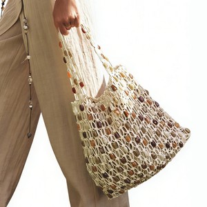 Nuevo Bolso Casual con Cuentas para Mujer, de <span class=keywords><strong>Moda</strong></span>, de Alta Gama, Tejido, con Dos Asas Abiertas, Diseño a Cuadros, Cuentas de Madera Huecas, Bolso de Hombro para Playa - Product Image 6