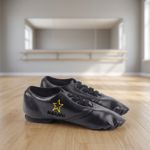 MBAANI Zapatos de baile de jazz de cuero genuino negro para mujer, zapatos planos de práctica con suela dividida y cordones - Product Image 1