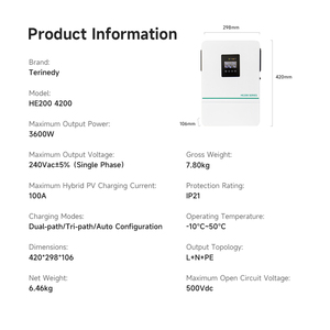Terinedy HE200-4200-T 3.6kW <b>24V</b> Hybrid Solar Storage System Wall-Mounted Smart Grid Support Pure Sine Waves <b>Battery</b>-Free - Product Image 3