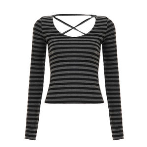 Camiseta de manga larga cruzada con espalda descubierta a rayas de bloque de Color para mujer Y2K Knit Slim Fit Top Casual Street Fashion Autumn Outfit - Product Image 6