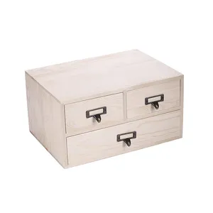 Natural Beige 3 Drawers Desktop Storage Cabinet Office Organizer Unfinished Wood Box with Drawers