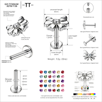 Clou d'oreille en titane ASTM F136 avec zircone cubique, filetage interne, pour piercing hélix, motif nœud papillon, boucles d'oreilles tendance pour femmes