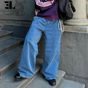 LARSUR Custom Factory Distressed Acid Wash Sun Faded Twill <strong>Moleskin</strong> Chore French Blue Work Pants Straight French Work <strong>Trousers</strong> - Product Image 1