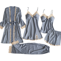 Ensemble de 5 pièces de vêtements de nuit sexy, pyjama en soie rose, short, débardeur, vêtements de nuit pour filles, lingerie en dentelle et spandex, pyjama en satin pour femmes