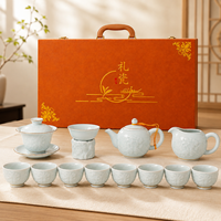Ensemble de thé chinois en céladon de 13 pièces, boîte cadeau, théière Gaiwan, pichet à thé, 8 tasses, ensemble de thé Gongfu en porcelaine, motif en relief, bord doré, 350 ml