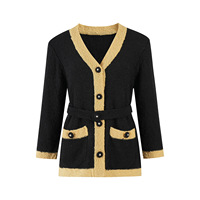 Nouvelle Collection Automne 2026 – Cardigan en Maille Col V pour Femme avec Bordure Contrastante, Manteau Pull Élégant et Tendance à Taille Nouée, Coupe Ajustée