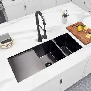 Sinks 304 Stainless Steel Double Bowl Handmade Undermount Kitchen Sink With Drainboard