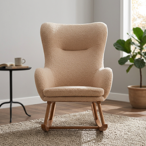 Fauteuil à bascule moderne en tissu rembourré avec pieds en bois, design mi-siècle, meubles de salon, dossier solide, assise confortable - Product Image 3
