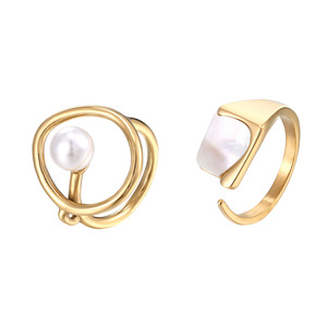 Bague pour femme en acier titane doré 14 carats avec coquille de perle, style européen et américain, irrégulière, pour l'index - Product Image 5