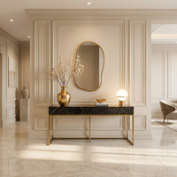 Table console en marbre noir avec pieds en laiton, rectangulaire, pour entrée, couloir, salon, table d'appoint, style moderne et luxueux