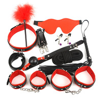Ensemble de 10 menottes et accessoires de bondage en cuir érotique pour couples - Noir/Rouge - Adulte
