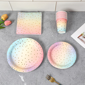 Hanlin Disposable Party Tableware Set Paper Plates Cups Napkins Rainbow Gold Dots Pattern For Party - Product Image 4