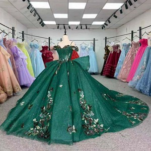 Dy6953 Stunning Emerald <b>Green</b> Quinceanera Ball Gown Sweetheart Neck Vintage Appliques 3D Floral Glitter Chiffon <b>Corset</b> Dress - Product Image 2