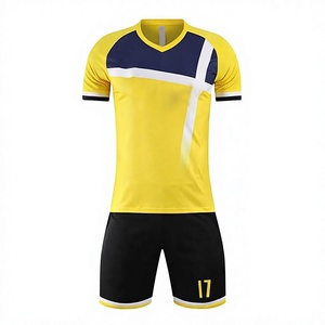 Conjunto de Camiseta de Fútbol Personalizada para Hombre, Amarillo, Azul Marino y Blanco, con Logotipo Estampado en la Parte Delantera, Cuello en V, Manga Corta, Poliéster que Absorbe la Humedad, Uniforme de Equipo - Product Image 1