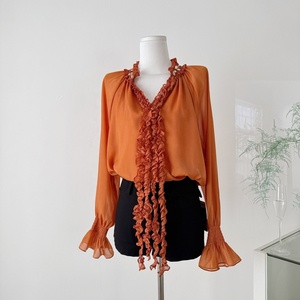 Chemisiers en maille décontractés à manches longues pour femmes, chemises à volants, hauts élégants pour femmes, vêtements pour femmes en gros - Product Image 1