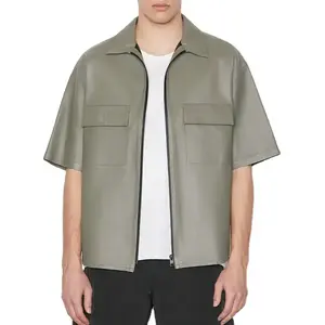 OEM new fashion Modern short sleeve drop shoulder oversized double chest pockets zip up plain faux leather shirt for men