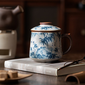 Guanlan Ru Kiln Ceramic <b>Mug</b> With Lid <b>Large</b> Capacity Tea Water Separator Oriental Design Office Use - Product Image 4