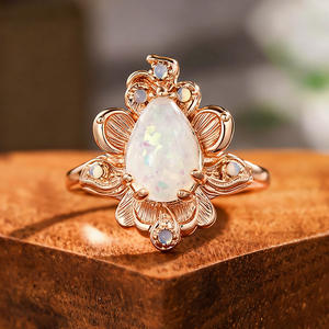 Anillo de cóctel con flor A071 para mujer, con ópalo natural en forma de pera y engaste de garra, anillos de moda para boda - Product Image 5