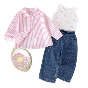 Conjunto de Ropa para Bebés <span class=keywords><strong>Niñas</strong></span> Otoño-Primavera, Estilo Europeo y Americano, Camisa a Rayas y Chaleco con Pantalones de Mezclilla - Product Image 1