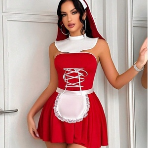 Conjunto de Lencería Sexy - Estilo Sirvienta Francesa/Mujer Religiosa con Cuello Desmontable, Velo Rojo, Tocado, Falda Acampanada, Delantal de Satén Blanco y Disfraz Plateado - Product Image 2