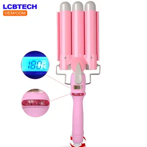 Best 20-32mm Professional Magic Hair Curler PTC Heater and LCD Temperature Display Curling Iron Pink Three Barrel Deep Waver