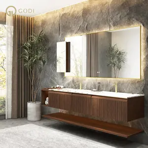 GODI custom made floating unique luxury elegant plywood hardware bathroom vanity and cabinet set light fixtures storage units