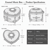 Boîte à musique en forme de cœur, rose émaillée, alliage de zinc chromé, couvercle bombé à fleurs blanches, mouvement Sankyo, pour bijoux et bibelots, durée du son 18 secondes