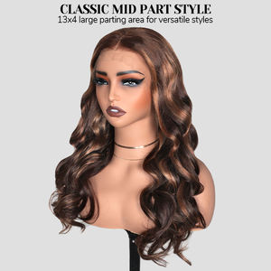 T4P4/27 #   Perruques sans colle à ondulations lâches en <span class=keywords><strong>cheveux</strong></span> humains, perruque à dentelle frontale 13x4 avec nœuds décolorés, raie classique et mèches ombrées - Product Image 2
