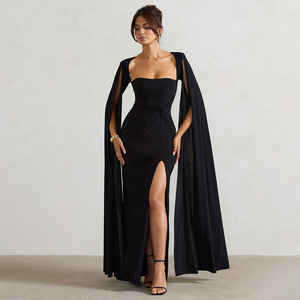 Robe de soirée longue à col carré, manches longues, fente haute, couleur unie, avec cape détachable - Product Image 4